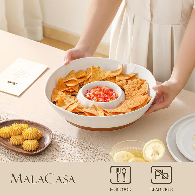 MALACASA Ceramic Chips and Dip Serving Tray, 12 Inch Large Divided Bowls Set for Salsa, Veggies & Dip, Appetizers, Snacks, Free-Form Serving Dish Platter for Parties Hosting & Entertaining, White - Image 2